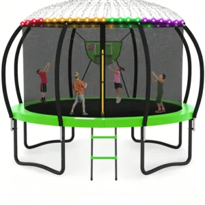 14Ft Round Backyard Trampoline With Safety Enclosure, The Gift Is Basketball Hoop, Sprinkler, Lights