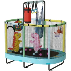 60" Oval Trampoline For Kids, 5 Ft Indoor & Outdoor Toddler Trampoline With Safety Enclosure, Adjustable Gymnastics Bar